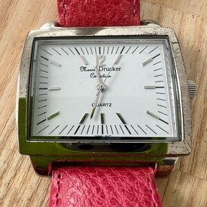 Marcel Drucker ladies rectangular silver tone red leather watch NEW BATTERY